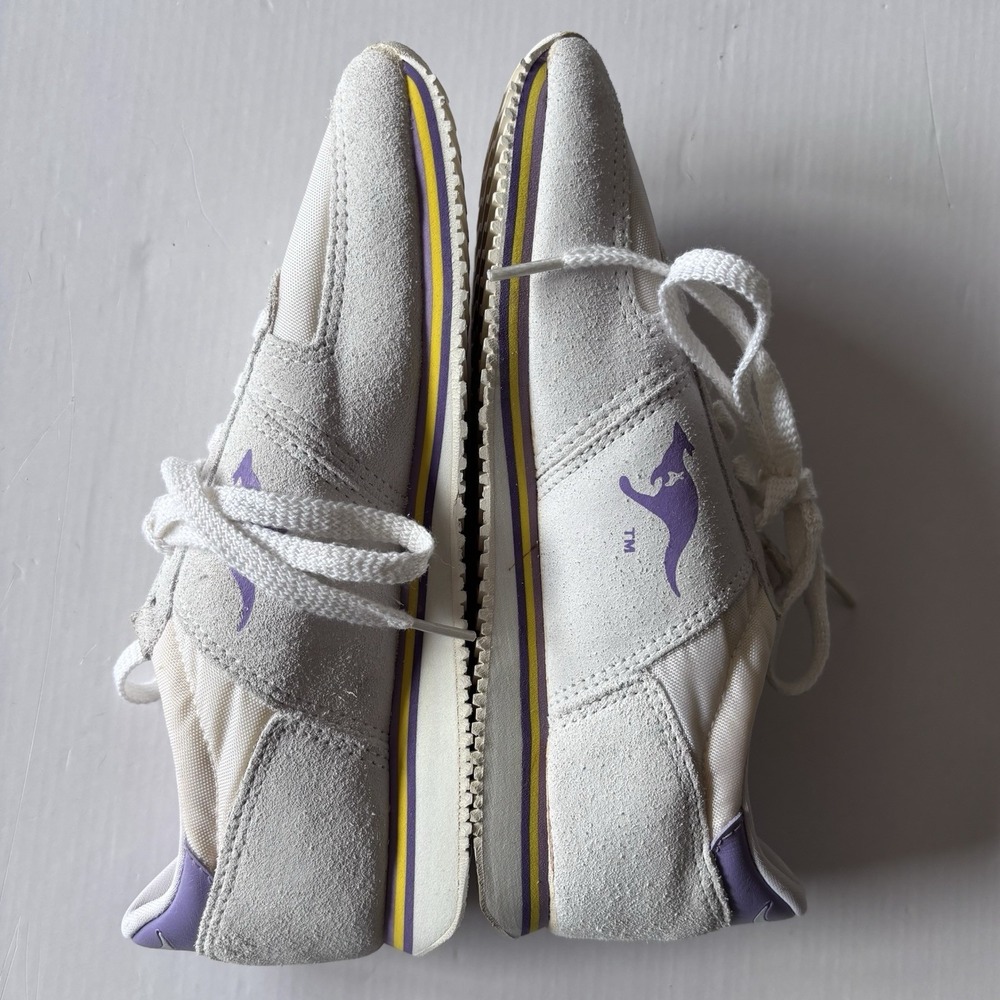 Vintage 1980s Running Shoes KangaROOS White Purple Retro Pocket Sneakers Sz 7.5